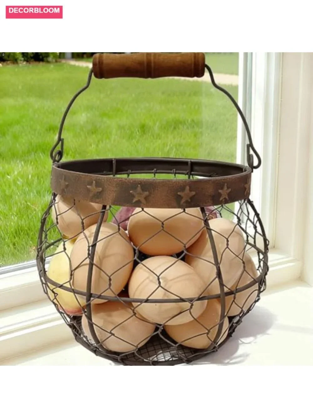 Farmhouse Wire Egg Basket with Wooden Handle Rustic Star Decor Metal Harvest